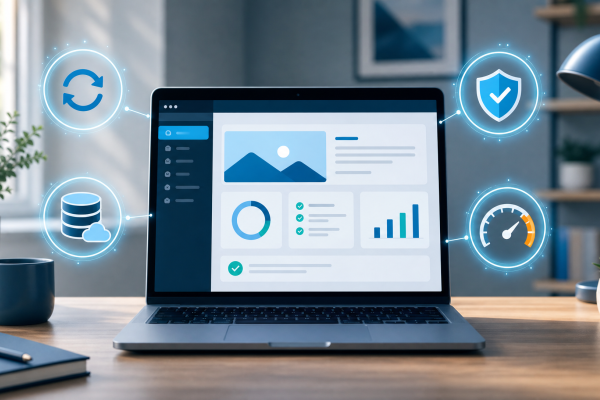 Laptop met dashboard en iconen voor updates, back-ups en beveiliging