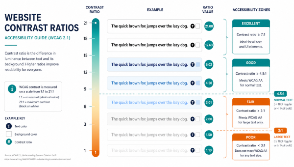 Infographic met contrastschaal en tekstvoorbeelden voor toegankelijk kleurgebruik op websites